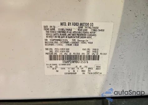2011 Ford Taurus Limited from USA, damaged, VIN 1FAHP2JW9BG135376